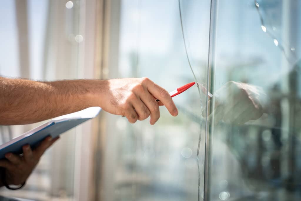 Remplacement par un professionnel d'une vitre double vitrage cassée.
